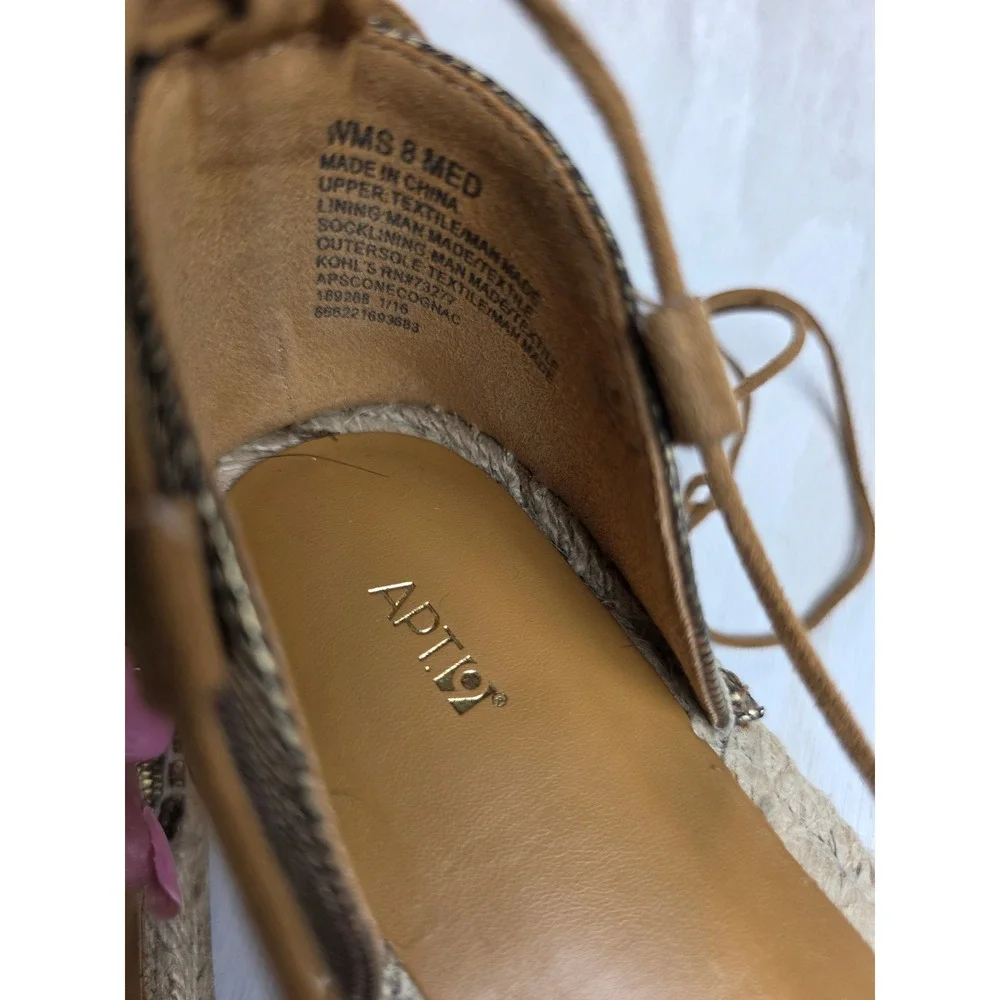 Apt. 9 Cognac Brown Lace Up Espadrille Flats Peep Toe Boho Western Sandals 8